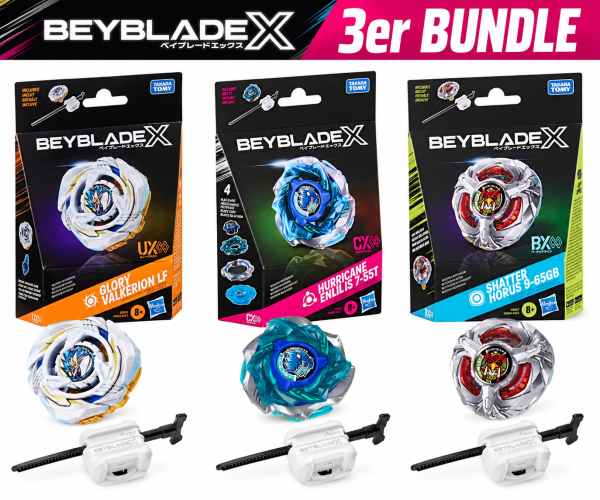 Beyblade X 3er Starter Pack Bundle – Glory Valkerion LF, Hurricane Enlil IS 7-55T & Shatter Horus 9-